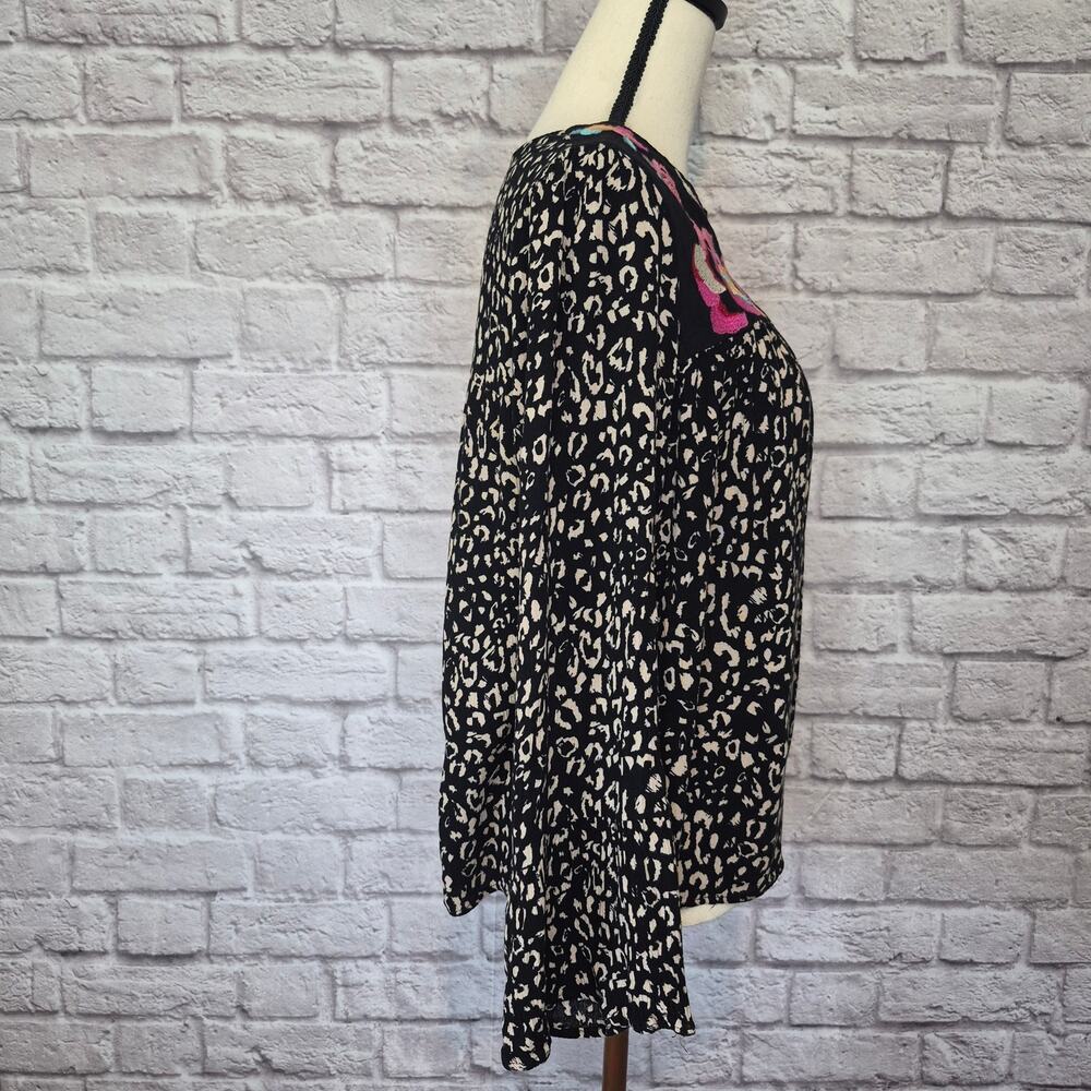 Savanna Jane Leopard Floral Embroidered V Neck Boho Blouse Top Long Sleeve Sz L - Picture 7 of 10